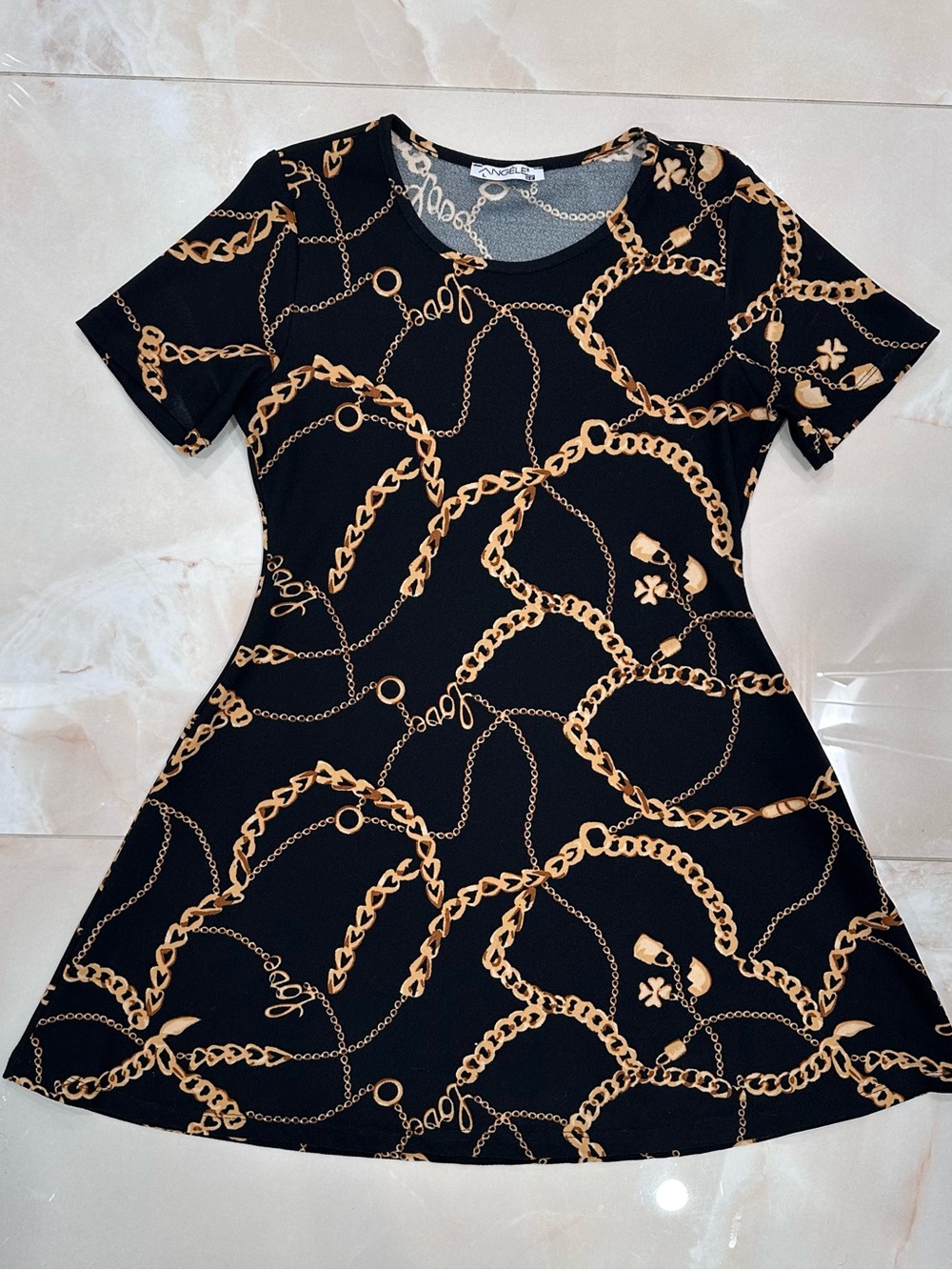 Black Knit Dress with Gold Chain Print